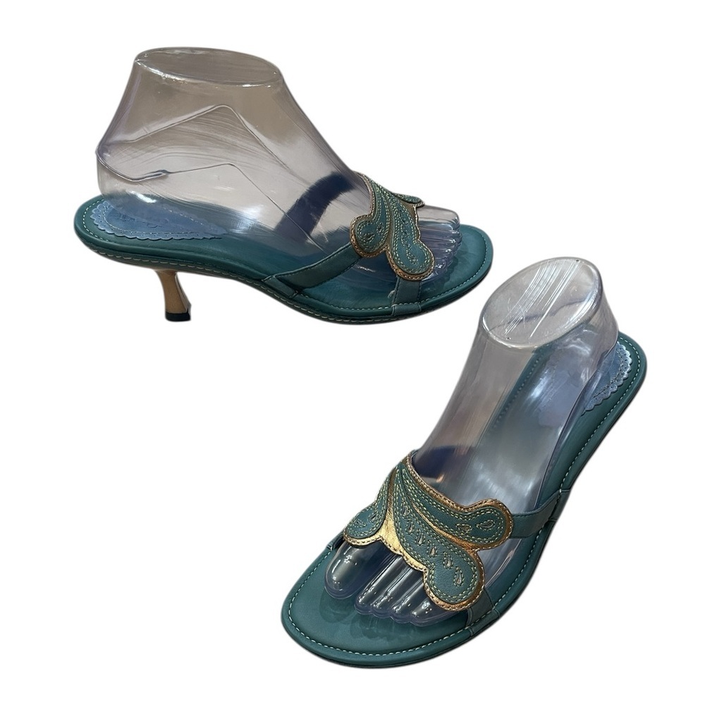 Indigo by Clarks Teal Leather Gold Embroidered Kitten Slip On Heels Size 8